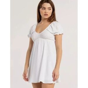 RSQ Women White Smocked Puff Sleeve Back Tie Mini Dress Size Small Cottagecore